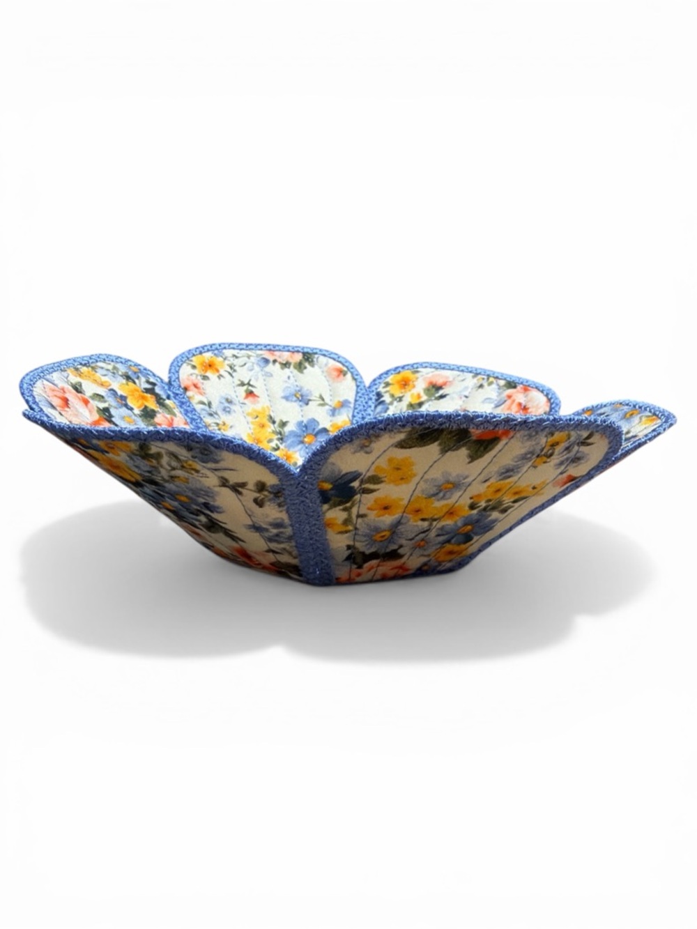Hand Crafted Basket Center Piece Bowl Quilted 8” round x 3” tall Blue and yellow - Picture 2 of 5